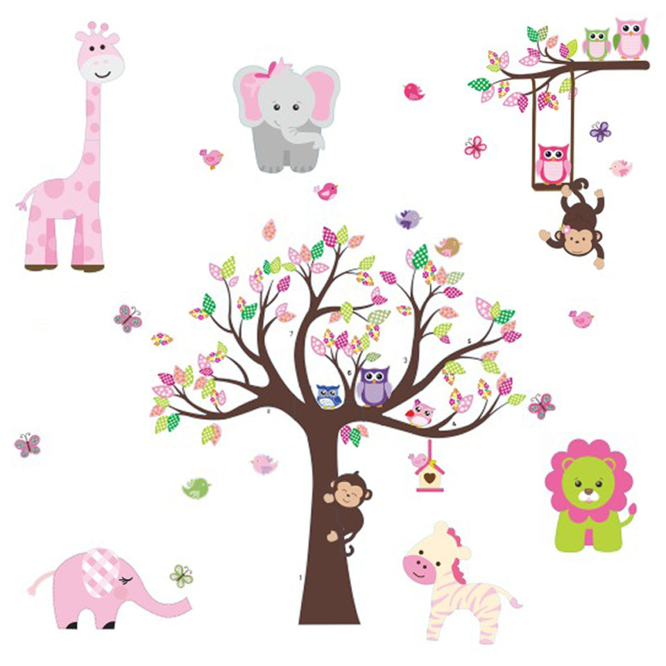 Pink Jungle Theme Peel & Stick Girl Nursery Wall Decals for Baby Nursery, Kids Playroom